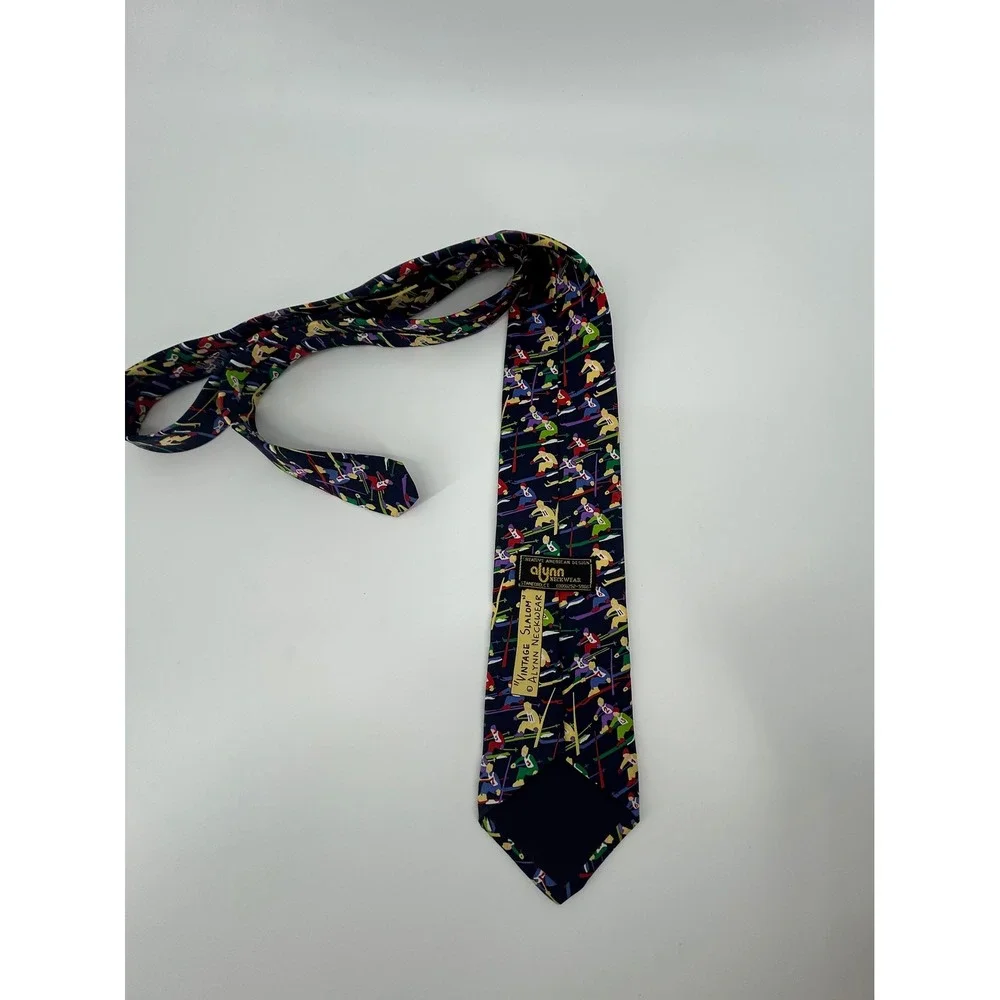 Alynn Neckwear Vintage Slalom Skiing Silk Tie Navy Blue Men's Novelty Necktie